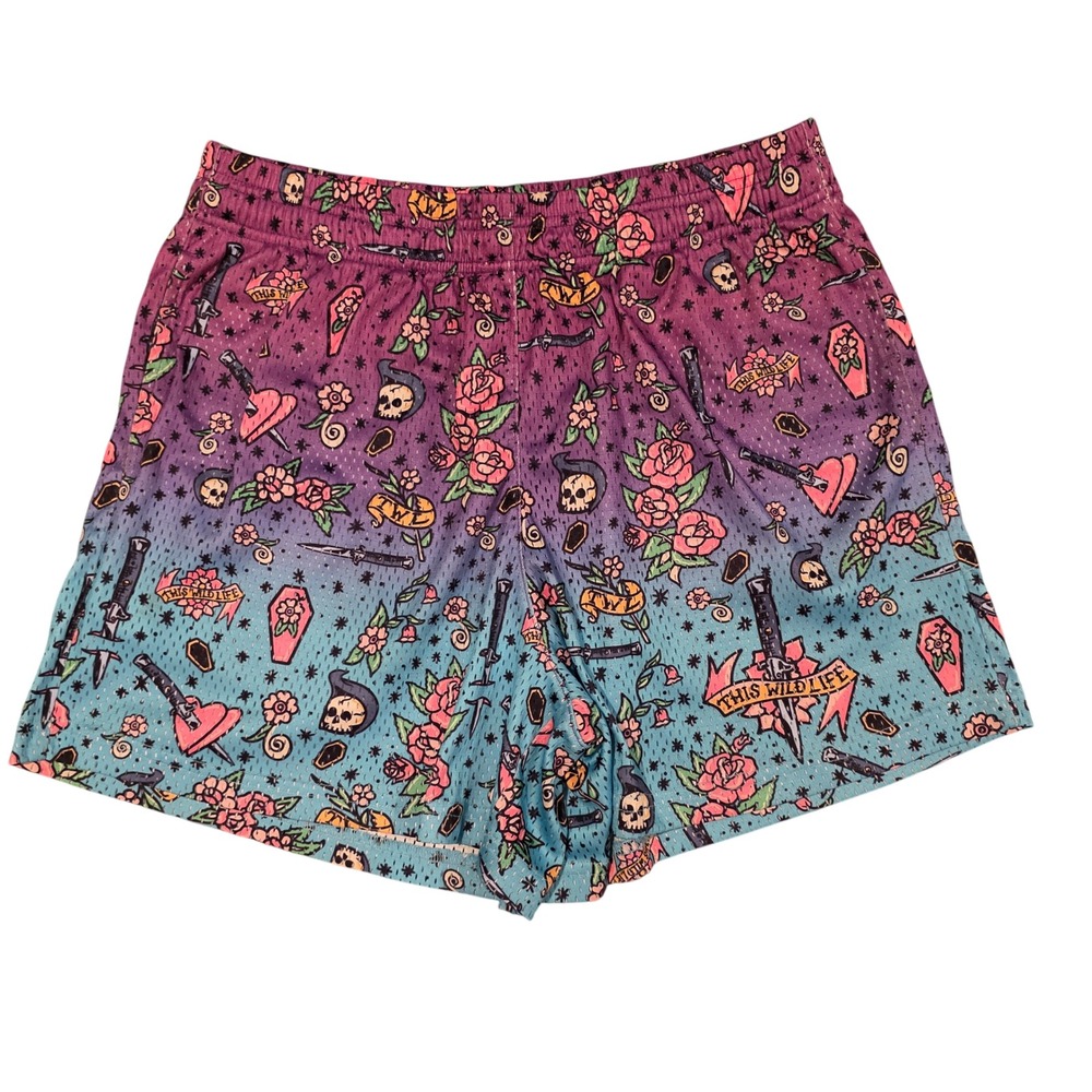 This Wild Life Band Merch Mesh Shorts Purple Teal Ombre Tattoo Print Large